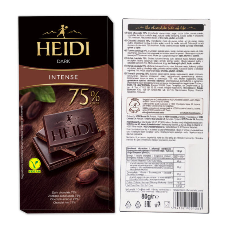 Heidi Chocolate Intense Dark 75% Cocoa 2.82 oz (12-pack)