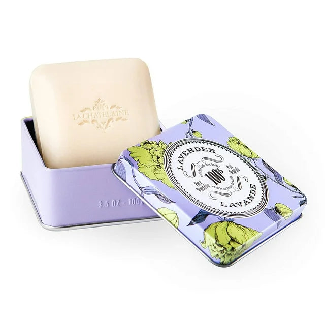 La Chatelaine Luxury Travel Soap Collection, Set of 4: Plant-Based, Made in France with Organic Shea Butter, featuring 2 Lavender soaps, 2 Lemon Verbena soaps, & 2 Travel Tins
