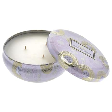 Voluspa Panjore Lychee, 3 Wick Tin Candle, 12 ounce, 40 Hour Burn Time, Coconut Wax for Clean Burning, Handcrafted in the USA