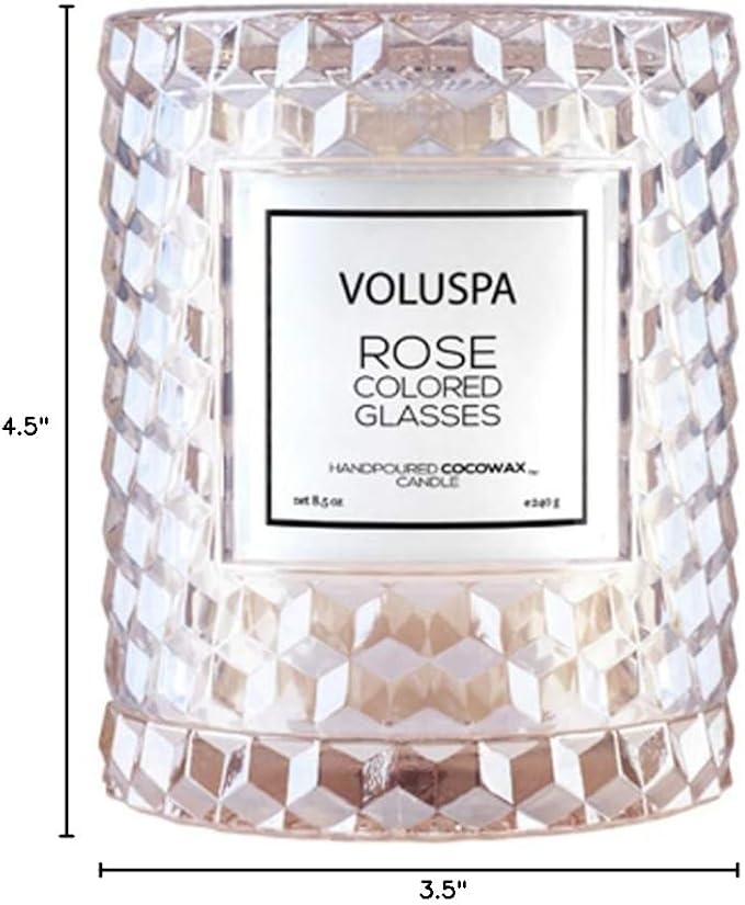 Voluspa Rose Colored Glasses, Cloche Textured Glass Candle, 8.5 Ounce, 55 Hour Burn Time, Coconut Wax for Clean Burning, Handcrafted in The USA