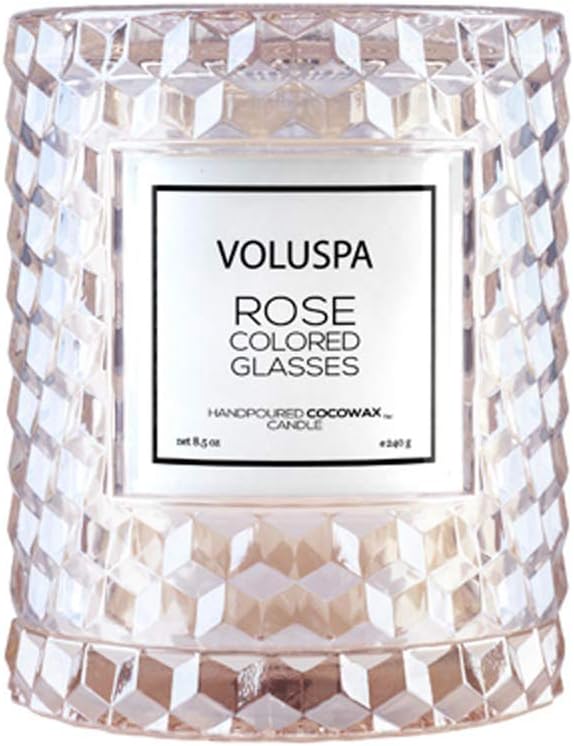 Voluspa Rose Colored Glasses, Cloche Textured Glass Candle, 8.5 Ounce, 55 Hour Burn Time, Coconut Wax for Clean Burning, Handcrafted in The USA