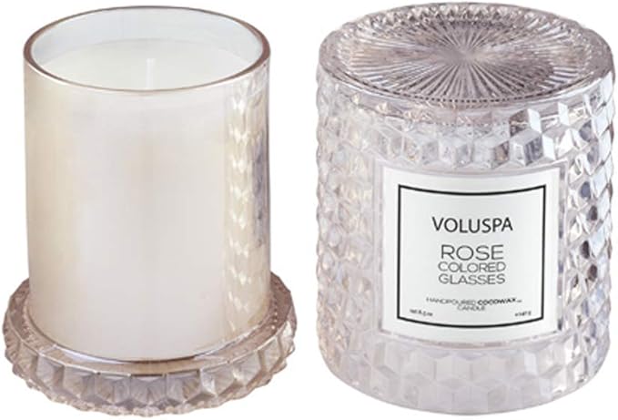 Voluspa Rose Colored Glasses, Cloche Textured Glass Candle, 8.5 Ounce, 55 Hour Burn Time, Coconut Wax for Clean Burning, Handcrafted in The USA