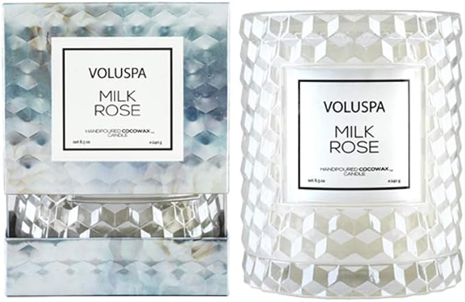 Voluspa Milk Rose Icon Cloche Textured Glass Candle, 8.5 Ounces