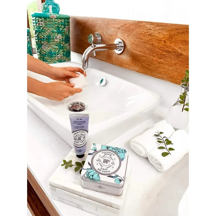 La Chatelaine Luxury Travel Soap Collection, Set of 4: Plant-Based, Made in France with Organic Shea Butter, featuring 2 Lavender soaps, 2 Lemon Verbena soaps, & 2 Travel Tins