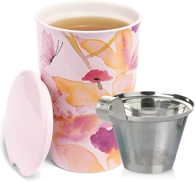Tea Forte Kati Cup Mariposa, Ceramic Tea Infuser Cup with Infuser Basket and Lid for Steeping Loose Leaf Tea