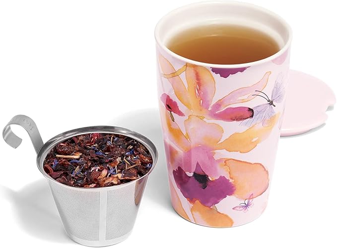 Tea Forte Kati Cup Mariposa, Ceramic Tea Infuser Cup with Infuser Basket and Lid for Steeping Loose Leaf Tea