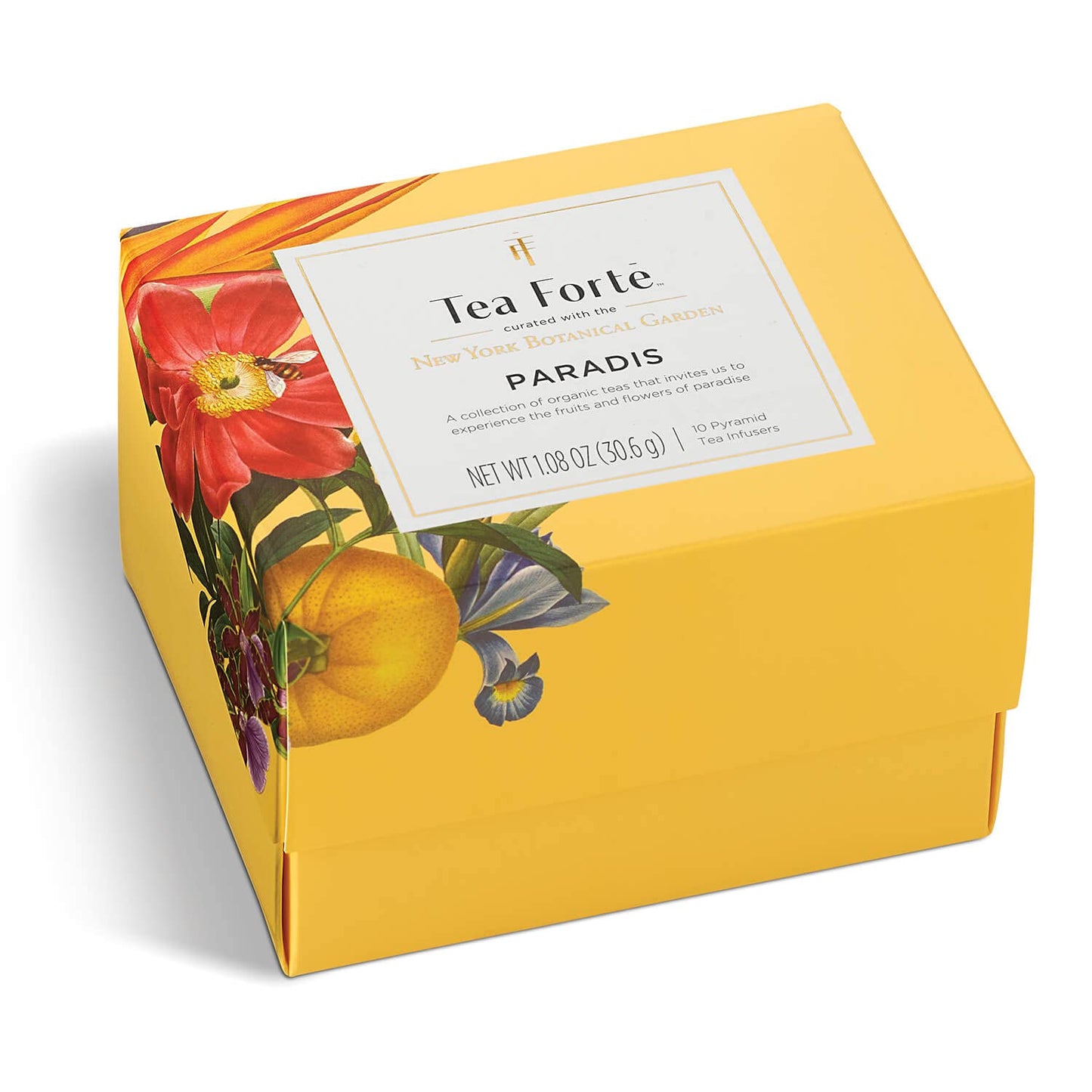 Tea Forte Paradis 3-Piece Premium Tea Gift Set with Mango Yellow Cafe Cup with Lid, Tea Tray and 10 Assorted 2 of Each Variety Organic Handcrafted Pyramid Infuser Tea Bags
