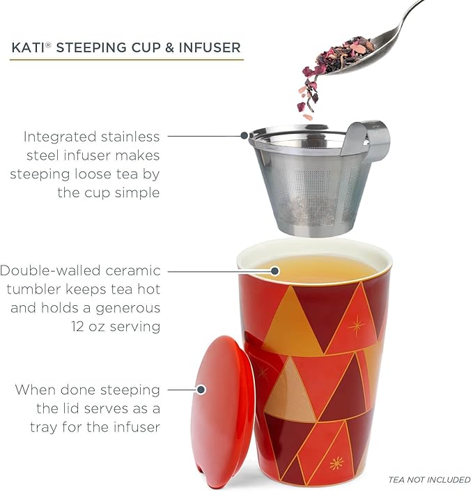 Tea Forte Kati Cup Warming Joy, Ceramic Tea Infuser Cup with Infuser Basket and Lid for Steeping Loose Leaf Tea
