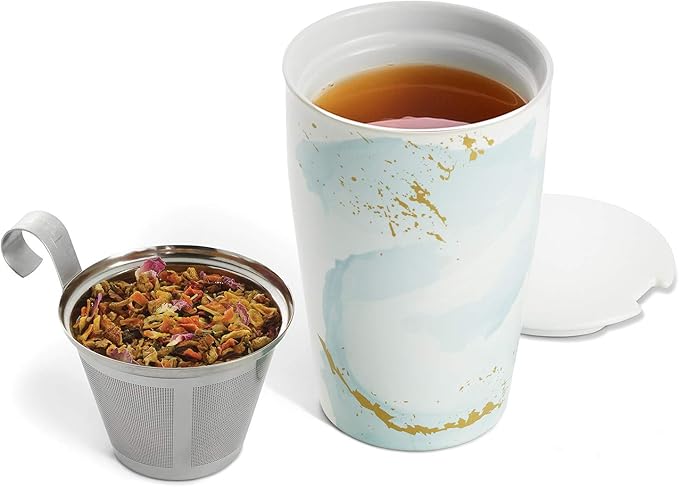 Tea Forte Kati Cup in Wellbeing, Ceramic Tea Infuser Cup with Infuser Basket and Lid for Steeping Loose Leaf Tea