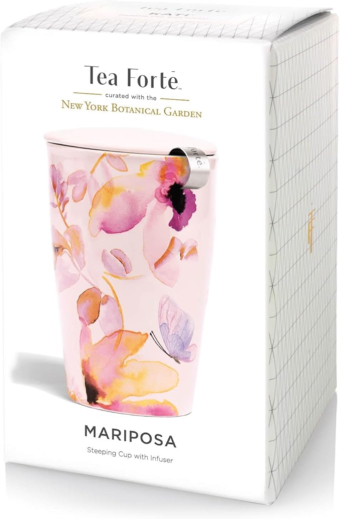Tea Forte Kati Cup Mariposa, Ceramic Tea Infuser Cup with Infuser Basket and Lid for Steeping Loose Leaf Tea