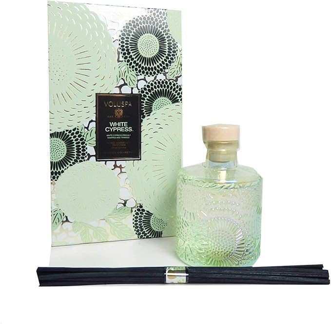 Voluspa White Cypress Reed Diffuser | 3.4 Fl. Oz. | 4-6 Month Product Life | 24/7 Fragrance Without The Flame | Vegan