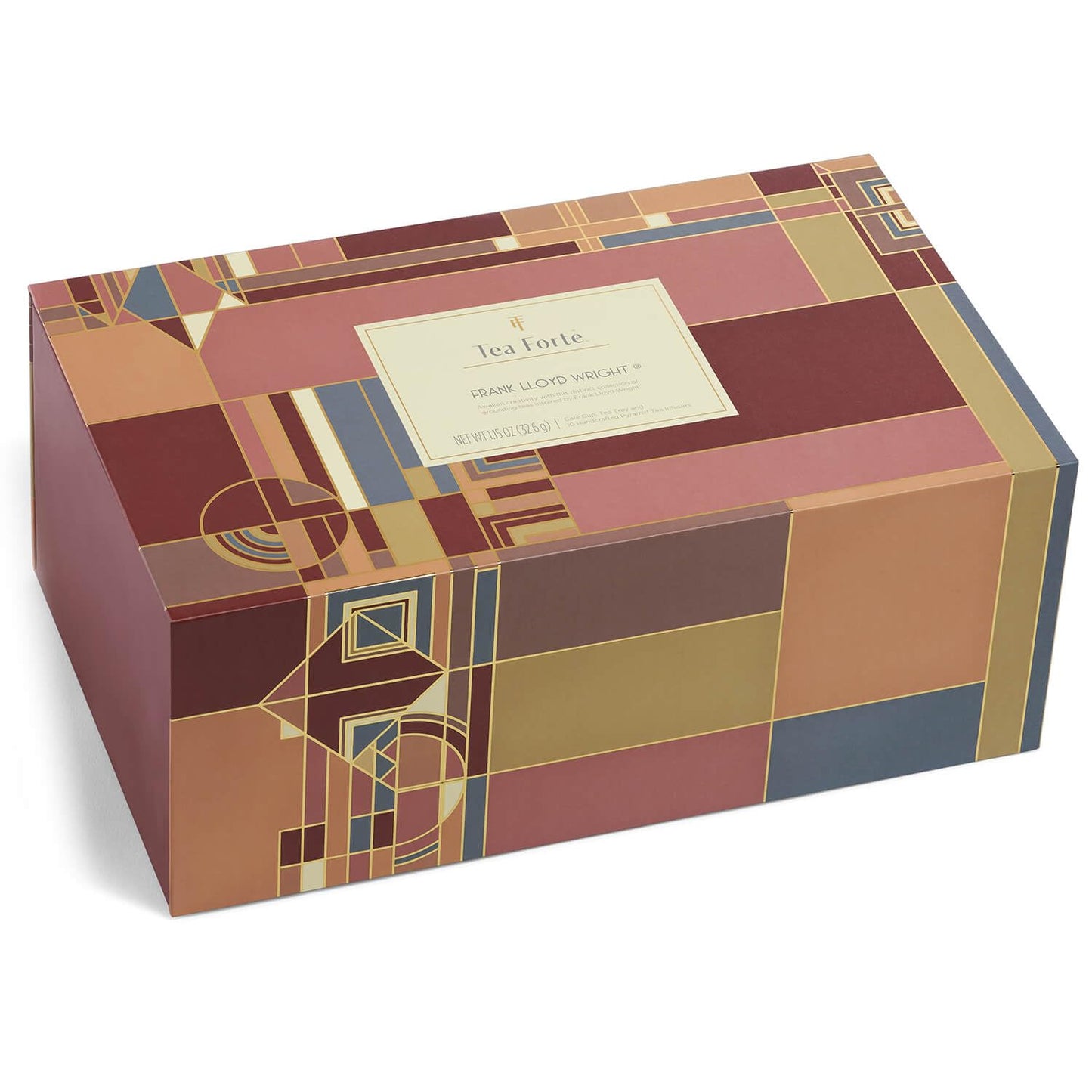 Tea Forte Frank Lloyd Wright 3-Piece Tea Gift Set with Sienna Stoneware Cup with Tea Tray and 10 Count Mini Presentation Box, 2 of Each Blend Handcrafted Pyramid Infuser Tea Bags
