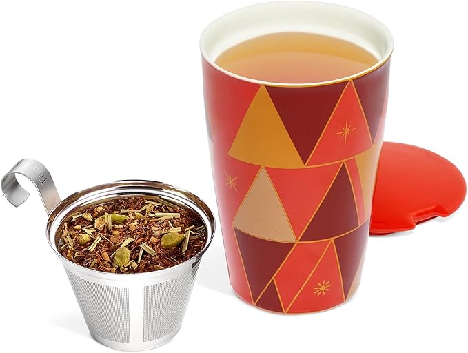 Tea Forte Kati Cup Warming Joy, Ceramic Tea Infuser Cup with Infuser Basket and Lid for Steeping Loose Leaf Tea