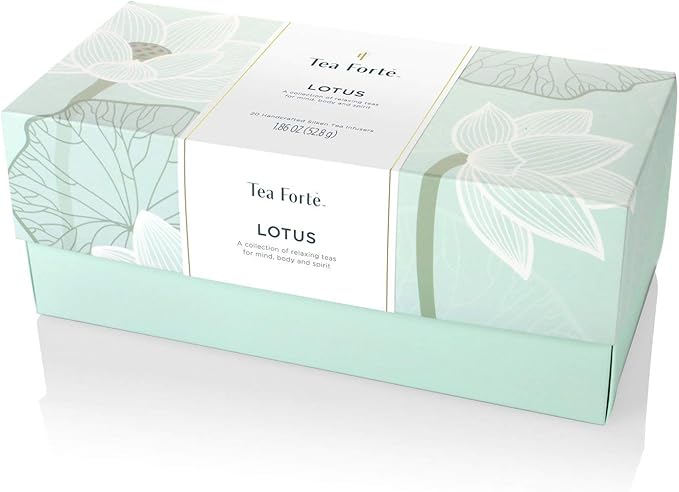 Tea Forte Lotus Relaxing Tea, Presentation Box Sampler Gift Set, Assorted Variety Handcrafted Pyramid Infuser Bags, Black, Green, Oolong, White, Herbal, 20 Count
