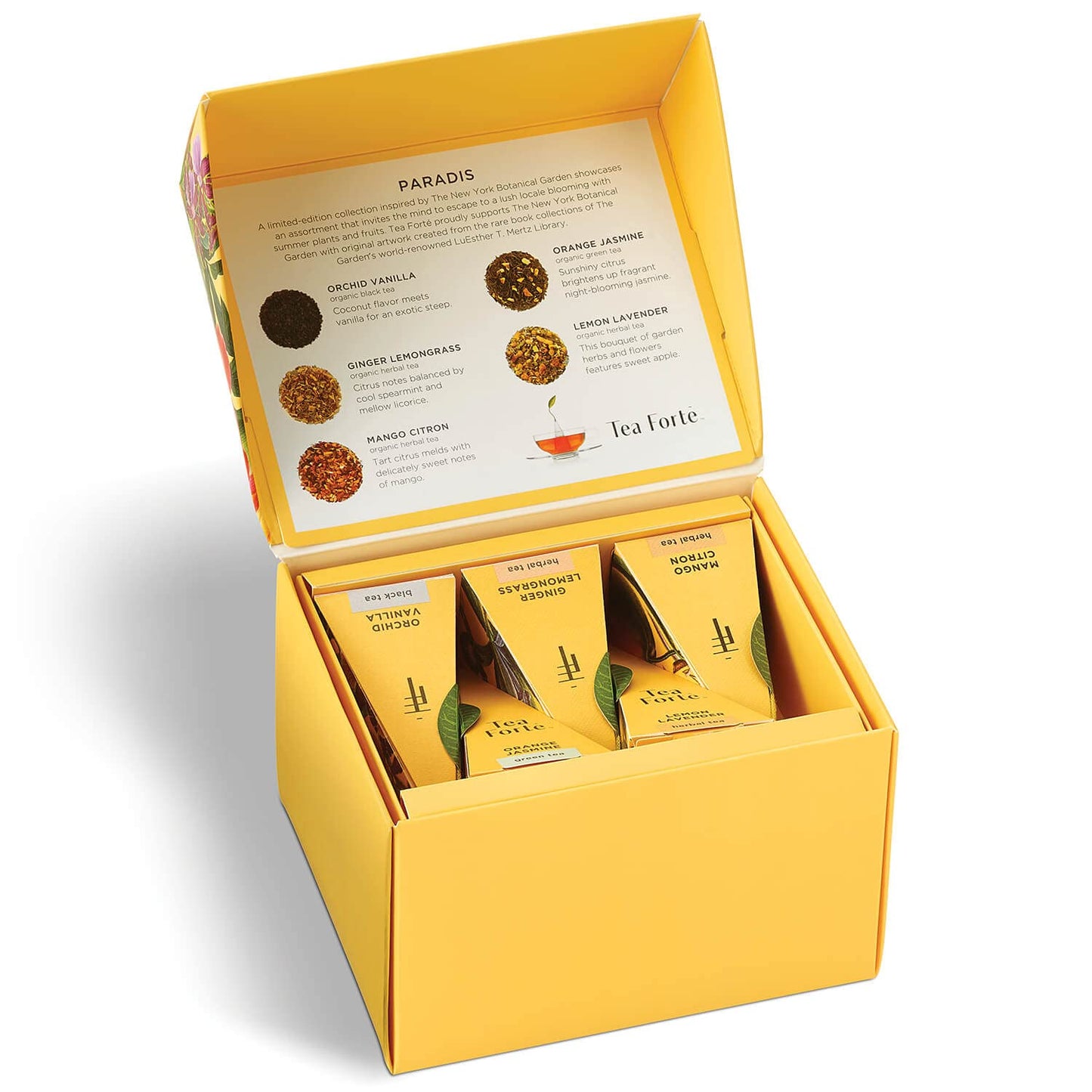 Tea Forte Paradis 3-Piece Premium Tea Gift Set with Mango Yellow Cafe Cup with Lid, Tea Tray and 10 Assorted 2 of Each Variety Organic Handcrafted Pyramid Infuser Tea Bags