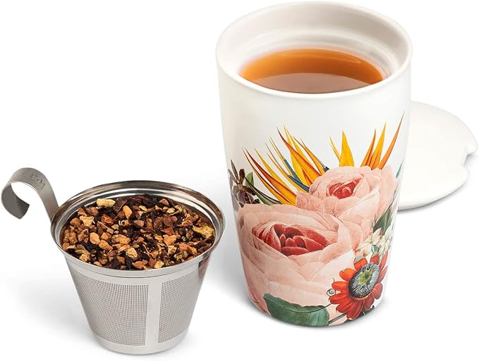 Tea Forte Jubilee Double-Walled Ceramic Kati Cup with Removable Stainless Steel Infuser Basket and Lid, Steeps 12 oz Loose Leaf Tea, Lid and Cup Dishwasher & Microwave Safe