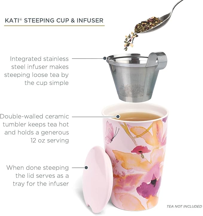 Tea Forte Kati Cup Mariposa, Ceramic Tea Infuser Cup with Infuser Basket and Lid for Steeping Loose Leaf Tea