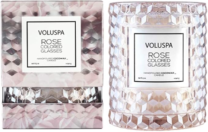 Voluspa Rose Colored Glasses, Cloche Textured Glass Candle, 8.5 Ounce, 55 Hour Burn Time, Coconut Wax for Clean Burning, Handcrafted in The USA