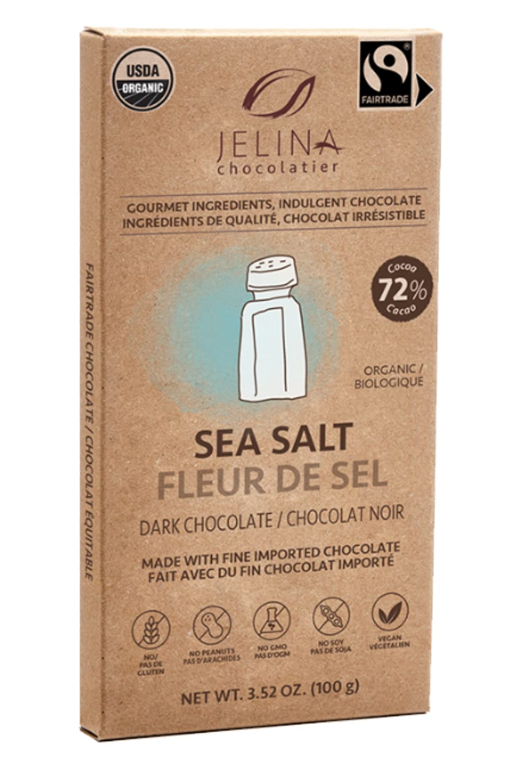 Jelina Chocolatier | 8 Pack 72% Dark Chocolate Bar with Sea Salt | Organic Cocoa, Fair Trade Chocolate | Non-GMO, Vegan Chocolates - 3.52oz Each