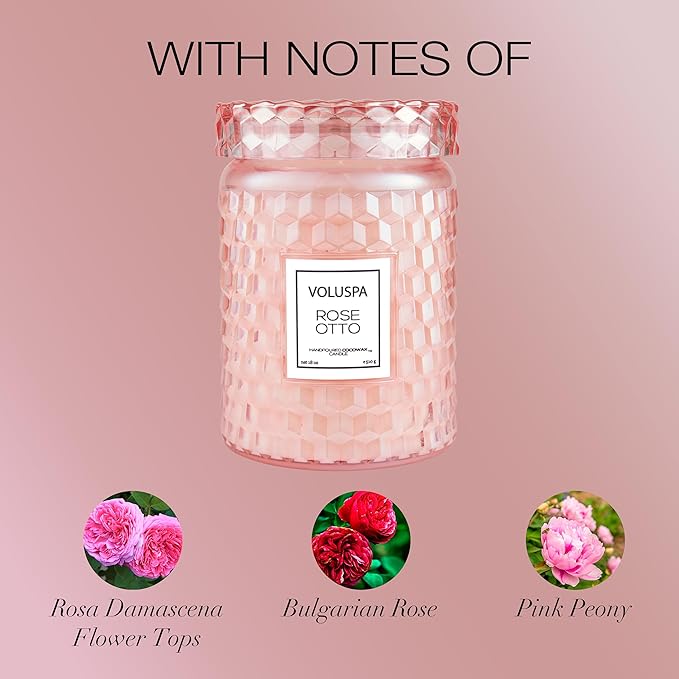 Voluspa Rose Otto, Large Candle Jar, 18 Ounce, 100 Hour Burn Time, Coconut Wax for Clean Burning, Handcrafted in The USA