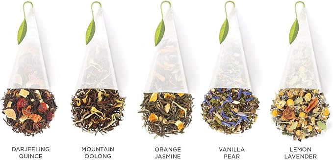Tea Forte Lotus Relaxing Tea, Presentation Box Sampler Gift Set, Assorted Variety Handcrafted Pyramid Infuser Bags, Black, Green, Oolong, White, Herbal, 20 Count