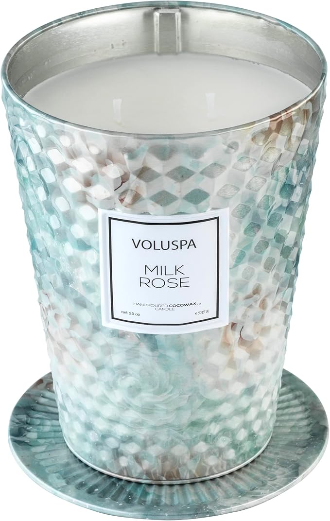 Voluspa Milk Rose, 2 Wick Tin Candle, 26 Ounce, 80 Hour Burn Time, Coconut Wax for Clean Burning, Handcrafted in The USA