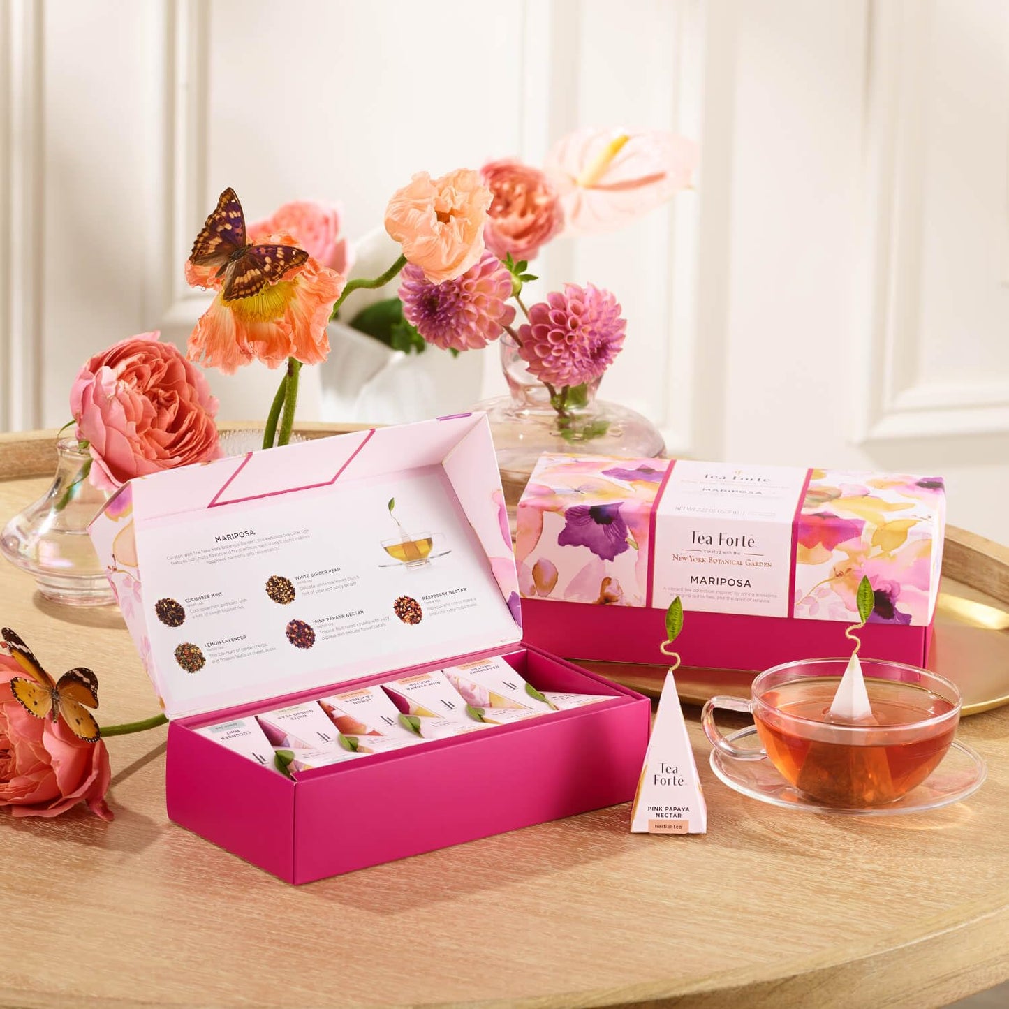 Tea Forte Mariposa Tea Sampler with 10 Pyramid Tea Infuser Bags - Fruit, Herb and Flower Tea - Petite Presentation Box Assorted Variety Tea Gift Set