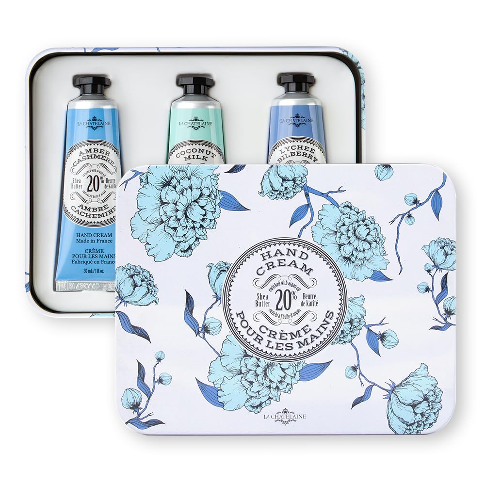 La Chatelaine Hand Cream Trio Tin Gift Set | Mother's Day | Ready-To-Gift Decorative Tin | Plant-Based | Made in France with 20% Organic Shea Butter (Amber Cashmere, Coconut Milk, Lychee Bil