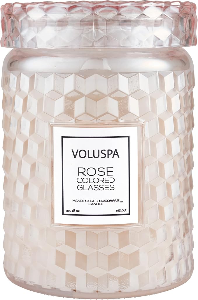 Voluspa Rose Colored Glasses, Large Candle Jar, 18 Ounce, 100 Hour Burn Time, Coconut Wax for Clean Burning, Handcrafted in The USA