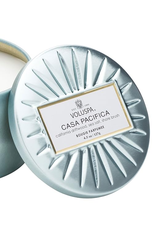 Voluspa Casa Pacifica, 4 oz Mini Tin Candle, 25 Hour Burn Time, Clean Burn Coconut Wax Candle , Scented Candle for Home, Handcrafted in the USA