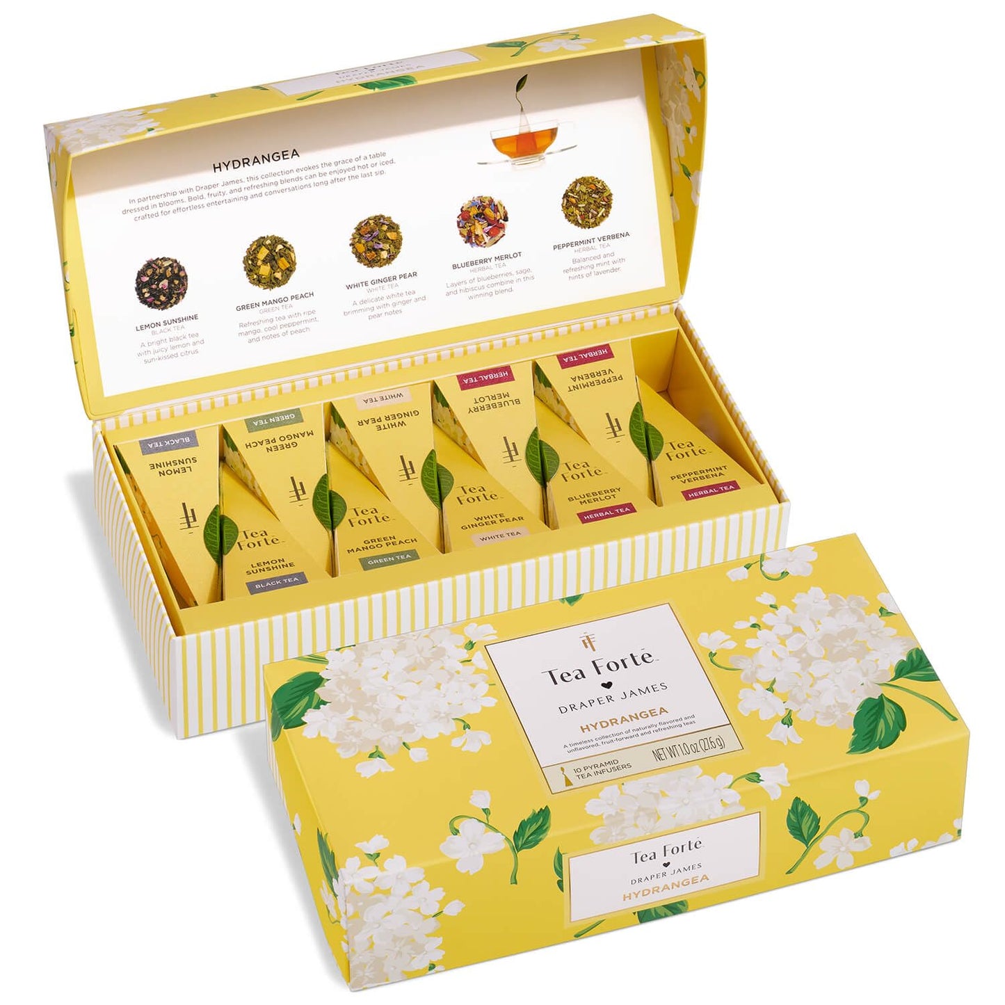 Tea Forte Premium Petite Presentation Box Gift Set Sampler, 10 Count, 2 of Each Blend Individually Wrapped Handcrafted Pyramid Infuser Bags, Hydrangea