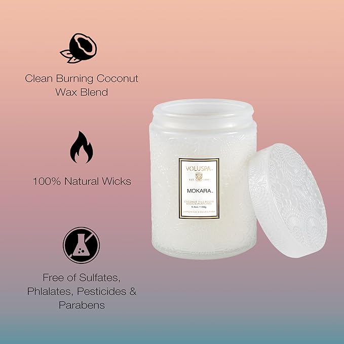 Voluspa Mokara, Small Candle Jar, 5.5 oz, 50 Hour Burn Time, Coconut Wax for Clean Burning, Handcrafted in the USA