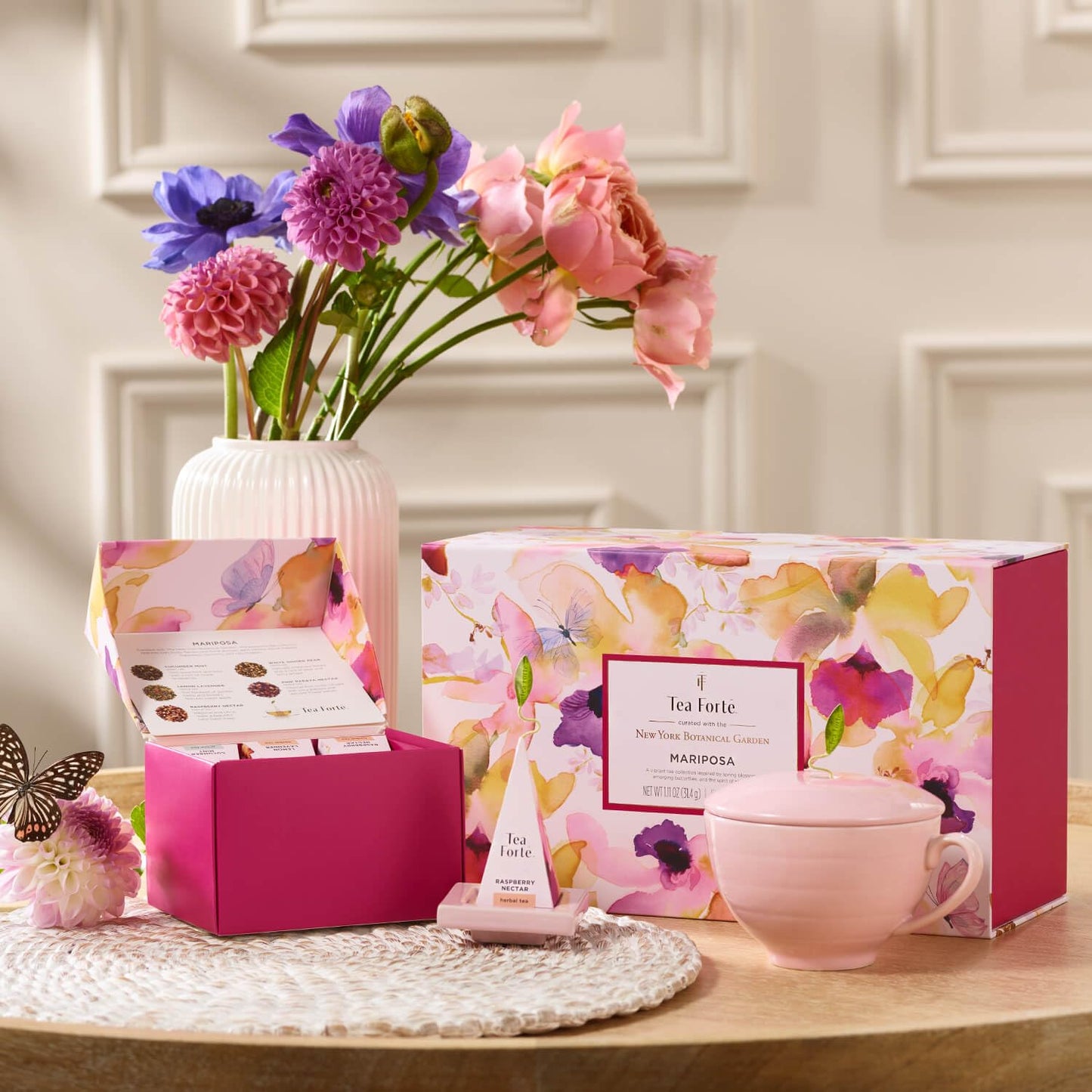 Tea Forte Mariposa Gift Set with Cafe Cup, Tea Tray and 10 Handcrafted Pyramid Tea Infuser Bags