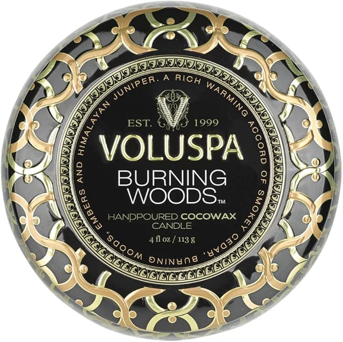 Voluspa Burning Woods Candle, Mini Tin Candle, 4 oz, 25 Hour Burn Time, Coconut Wax Candle for The Home, Handcrafted in The USA