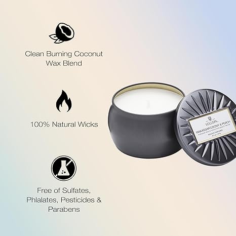 Voluspa Makassar Ebony & Peach, Mini Tin Candle, 4 oz, 25 Hour Burn Time, Coconut Wax for Clean Burning, Handcrafted in The USA