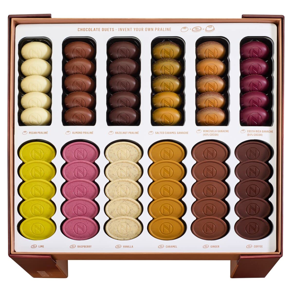 Neuhaus Belgian Chocolate Duets Table Box – 60 Chocolates to Mix & Match – 36 Flavor Combinations – Personalized Experience – Invent Your Own Pralines