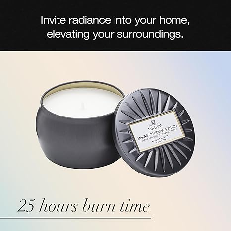 Voluspa Makassar Ebony & Peach, Mini Tin Candle, 4 oz, 25 Hour Burn Time, Coconut Wax for Clean Burning, Handcrafted in The USA