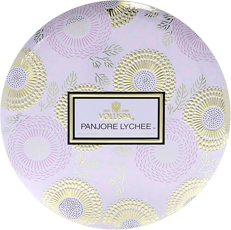 Voluspa Panjore Lychee, 3 Wick Tin Candle, 12 ounce, 40 Hour Burn Time, Coconut Wax for Clean Burning, Handcrafted in the USA