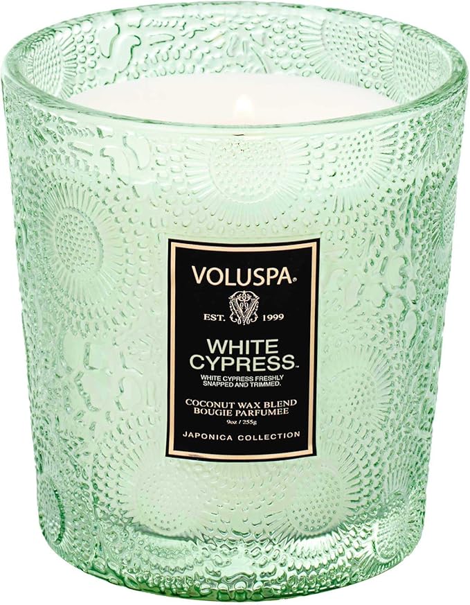 Voluspa White Cypress Candle Jar, 9 oz, Coconut Wax Blend, Winter Scented Candles for Home, 60 Hour Burn Time, Handcrafted in The USA