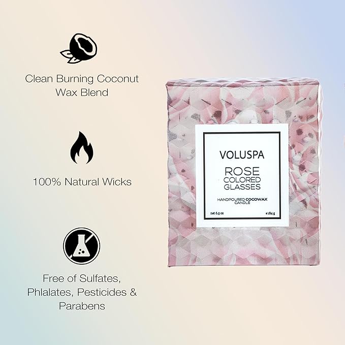 Voluspa Rose Colored Glasses, Classic Candle Jar, 6.5 Ounce, 40 Hour Burn Time, Coconut Wax for Clean Burning, Handcrafted in The USA
