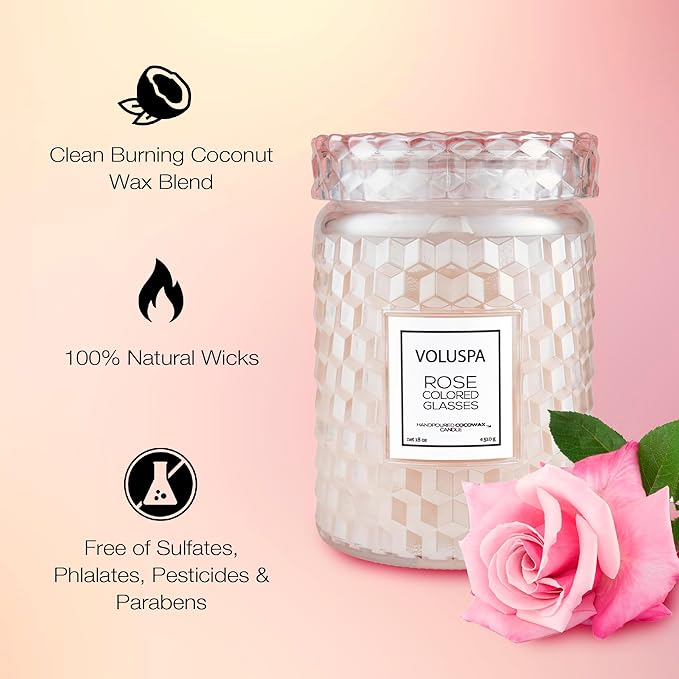 Voluspa Rose Colored Glasses, Large Candle Jar, 18 Ounce, 100 Hour Burn Time, Coconut Wax for Clean Burning, Handcrafted in The USA