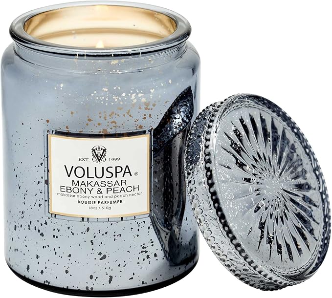 Voluspa Makassar Ebony & Peach Candle | Large Glass Jar | 18 Oz | 100 Hour Burn Time | Coconut Wax for Clean Burning |