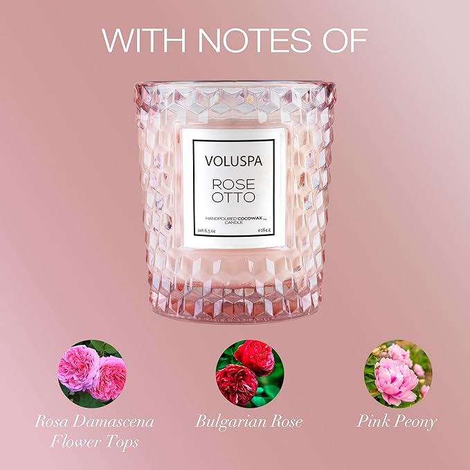 Voluspa Rose Otto, Classic Candle Jar, 6.5 Ounce, 40 Hour Burn Time, Coconut Wax for Clean Burning, Handcrafted in The USA