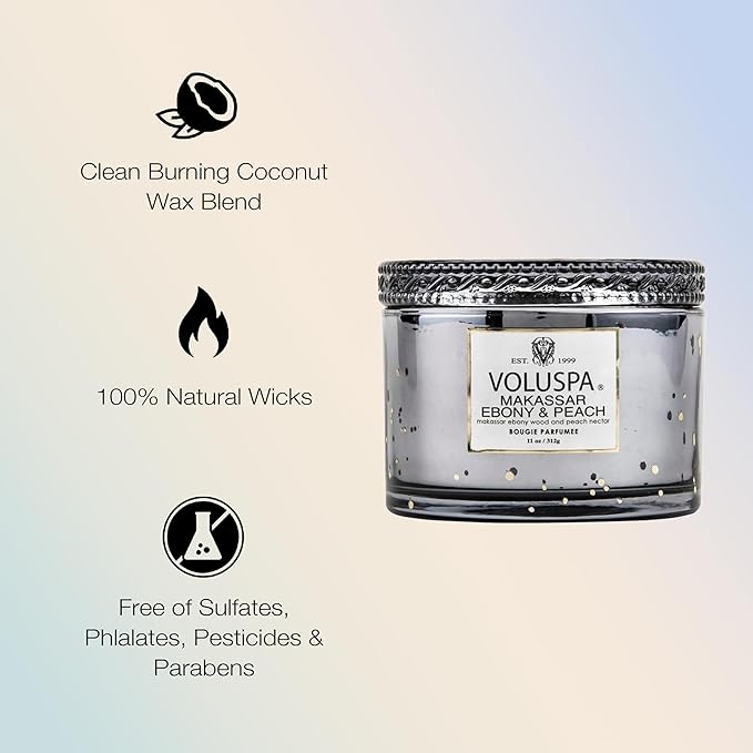 Voluspa Makassar Ebony & Peach, Corta Maison Boxed Candle, 11 oz, 45 Hour Burn Time, Coconut Wax for Clean Burning, Handcrafted in The USA
