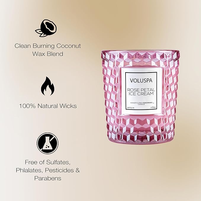 Voluspa Rose Petal Ice Cream, Classic Candle Jar, 6.5 Ounce, 40 Hour Burn Time, Coconut Wax for Clean Burning, Handcrafted in The USA