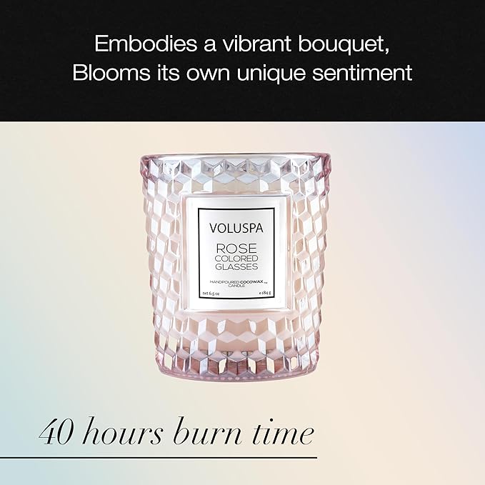 Voluspa Rose Colored Glasses, Classic Candle Jar, 6.5 Ounce, 40 Hour Burn Time, Coconut Wax for Clean Burning, Handcrafted in The USA