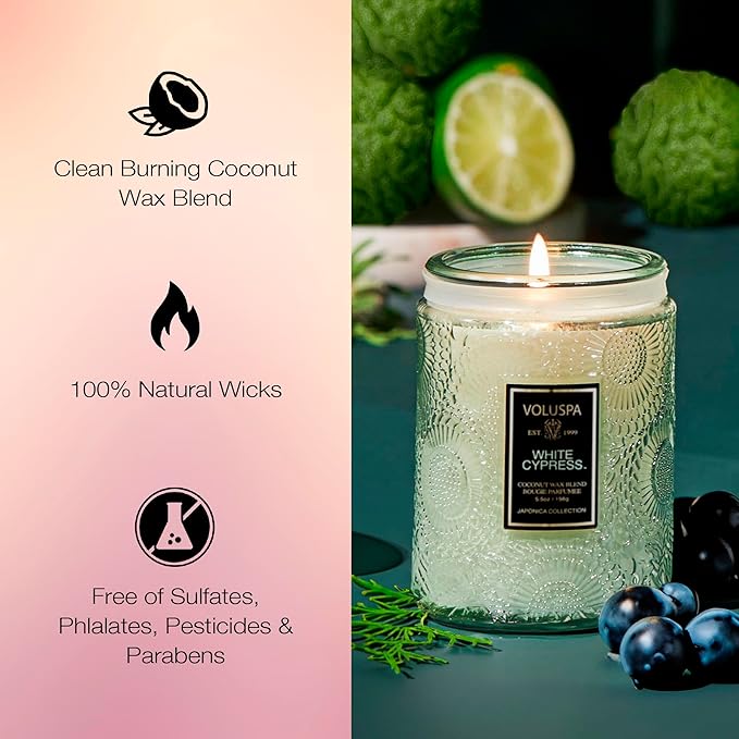 Voluspa White Cypress,Small Candle Jar, 5.5 Ounce,50 Hour Burn Time, & Coconut Wax for Clean Burning,,Handcrafted in the USA