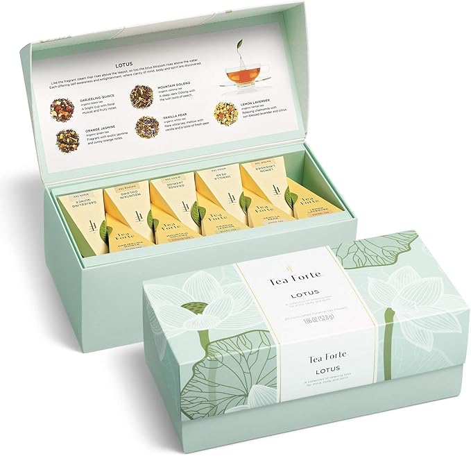 Tea Forte Lotus Relaxing Tea, Presentation Box Sampler Gift Set, Assorted Variety Handcrafted Pyramid Infuser Bags, Black, Green, Oolong, White, Herbal, 20 Count