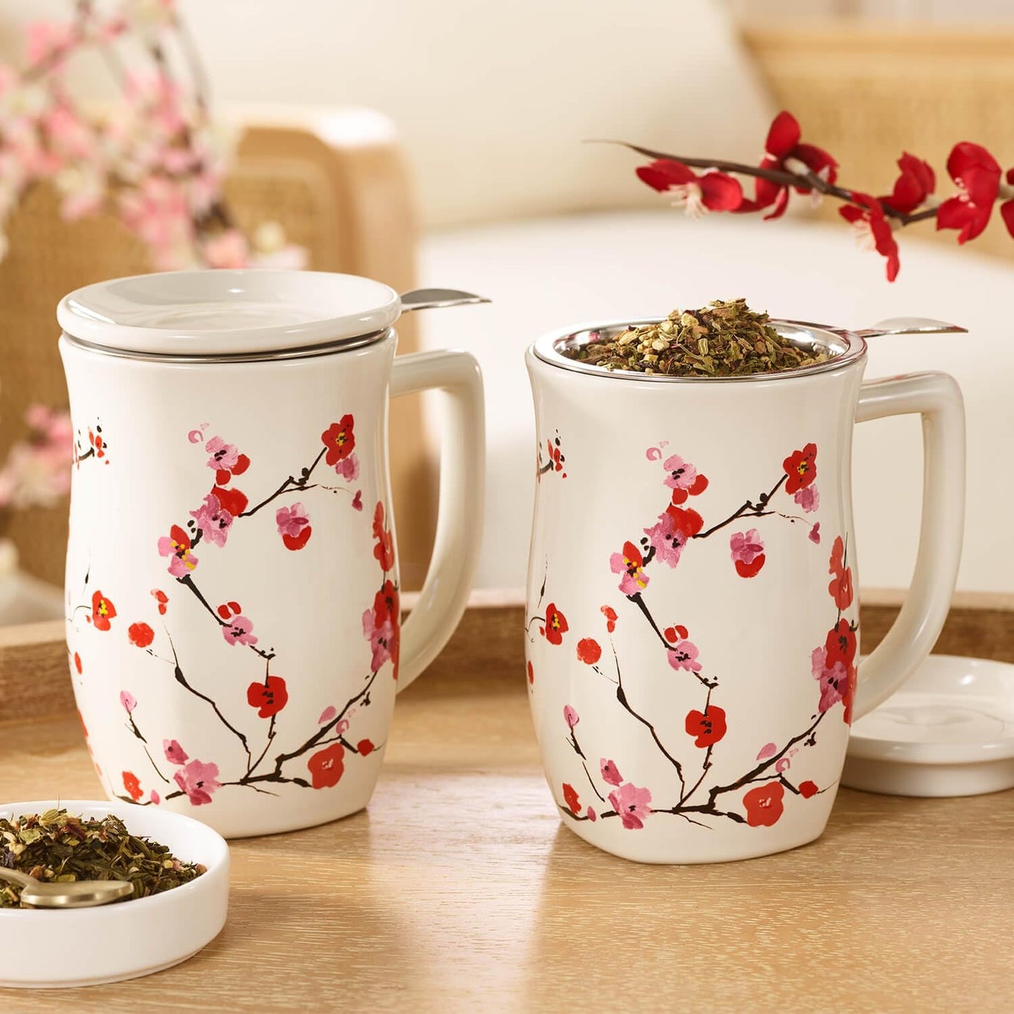 Tea Forte Ceramic Fiore Cup with Handle, Removeable Stainless Steel Infuser Basket and Lid, Steeps 14 oz Loose Leaf Tea, Dishwasher & Microwave Safe, Sakura