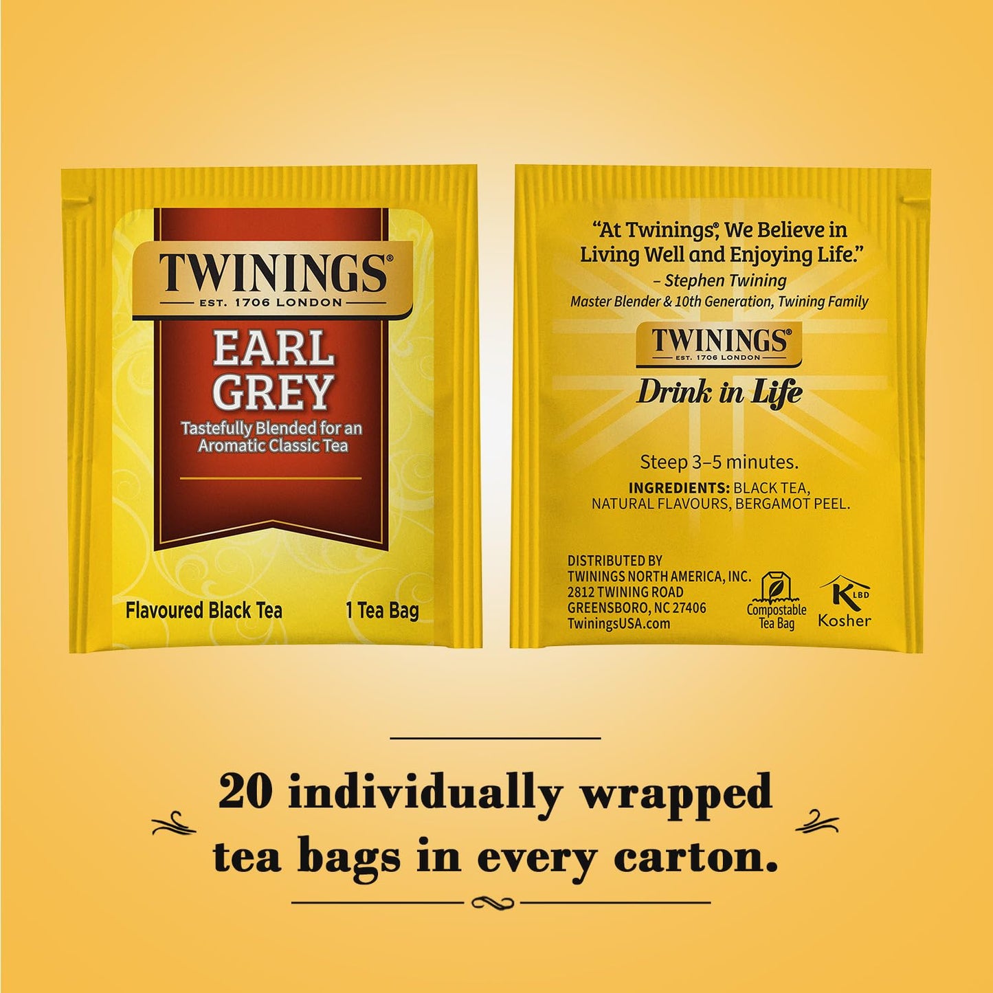 Twinning's Of London Earl Grey Black Tea 20 individual tea bags 1.41OZ ( Pack of 6)